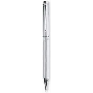 A silver pen with a sleek design, featuring a transparent body and a clip at the top. It has a branding logo.