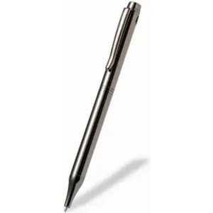 A pen in a sleek metallic finish, featuring a clip and a smooth tip. It has a minimalist design and simple branding.