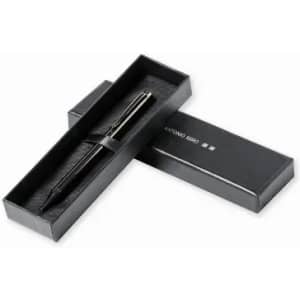 A black pen displayed in an elegant black box with a simple design and an interior lining.
