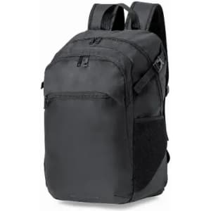 A black backpack featuring multiple compartments and adjustable straps, with a mesh side pocket.