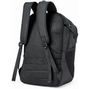 A black backpack with a textured surface and padded straps, featuring side pockets and a minimalist design.