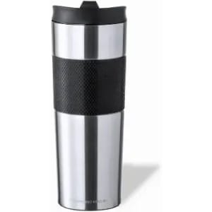 A stainless steel drink bottle with a black rubber grip and a black lid. It features a logo on the side.