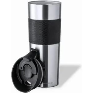 A drink bottle with a stainless steel body, black silicone grip, and a lid for easy sipping.