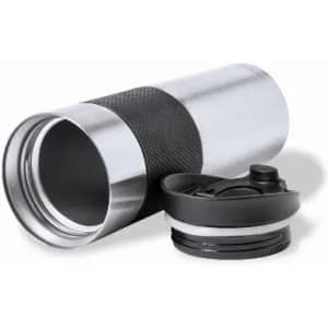 A drink bottle with a silver metallic body, textured black grip, and a detachable black lid featuring a spout.