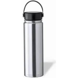 A stainless steel drink bottle with a black lid and handle, featuring a sleek metallic design.