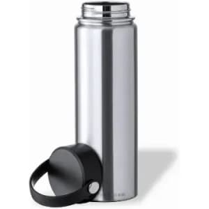 A drink bottle with a shiny silver body and a black lid, featuring a loop for easy carrying.