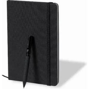 A black notebook with a pen attached, featuring a sleek, minimalist design and an elastic band closure.