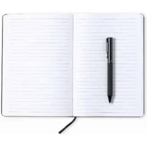 A blank notebook with lined pages and a black pen resting on the right-hand side. The notebook has a ribbon bookmark.