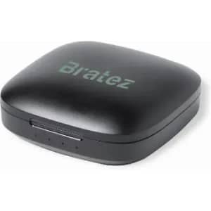 A black compact case with rounded edges featuring a logo. The case has indicator lights on the front.