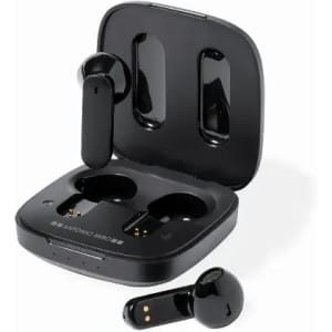A pair of black wireless earbuds in a charging case, with one earbud outside the case.