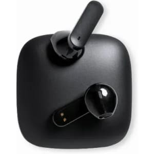 A pair of black wireless earbuds resting on a square charging case. The case and earbuds are sleek and modern in design.