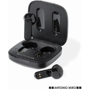 Wireless earbuds in a black charging case, featuring a sleek design and a logo on the case.
