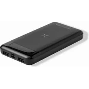 A power bank in sleek black, featuring two USB ports and a minimalist design. It has a logo on the surface.