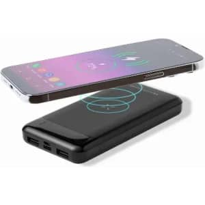 A wireless charger in black with multiple USB ports, positioned near a smartphone with a purple gradient screen.