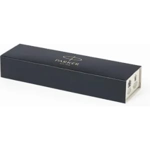 A black box containing a metal pen, featuring a logo on the surface.
