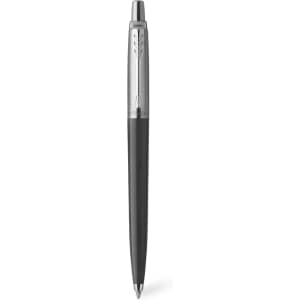 A black pen with a silver clip and a logo on the body, featuring a sleek and modern design.