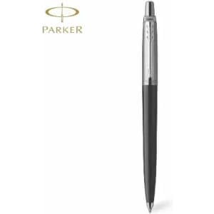A black ballpoint pen with a silver clip and accents, featuring a logo at the top.