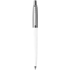 A white pen with a chrome accent and a smooth, sleek design. Features a branded logo.