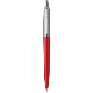 A red pen with a silver clip and accents. The pen features a smooth barrel design and has a logo.