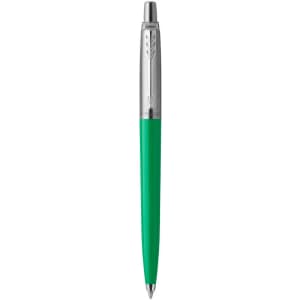 A green pen with a silver clip and tip, featuring a branding logo on the barrel.