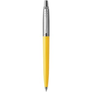 A yellow ballpoint pen with a shiny silver clip and detailing. It features a sleek, tapered design.