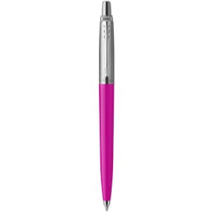 A pink pen with a silver clip and detailing, featuring a sleek, modern design and a logo.
