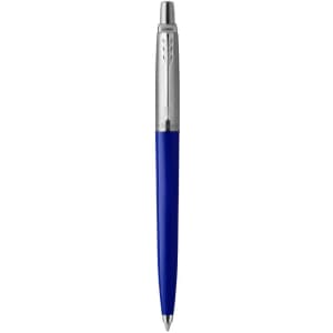 A blue pen with a silver clip and detailing, featuring a logo on the barrel.