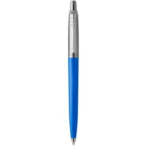 A blue pen with a silver clip and detailing, featuring a logo on the body.