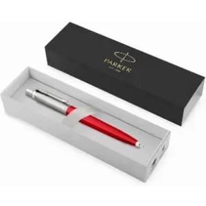 A red pen with a silver clip inside a black and grey gift box. The box has a logo on it.