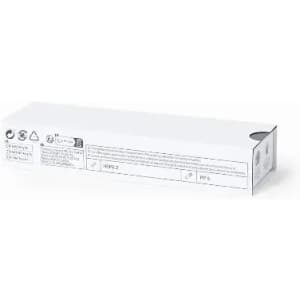 A rectangular white box with a printed design, featuring logos and instructions on one side.