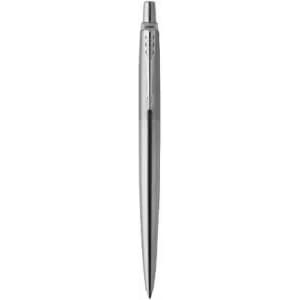 A silver pen with a sleek design and a logo on the side.