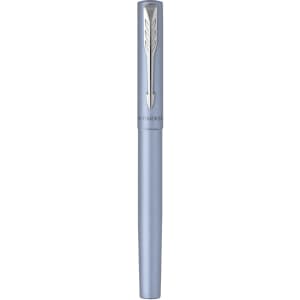 A light blue pen with a metallic clip and a sleek design, featuring a logo on the barrel.
