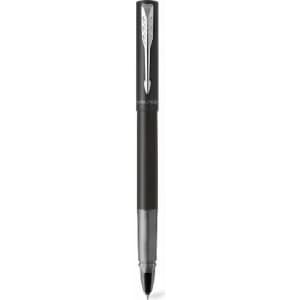 A black pen with a silver clip and detailing, featuring a sleek design and a branding logo.