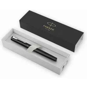 A black pen displayed in a white box with a black outer sleeve, featuring a logo on top.
