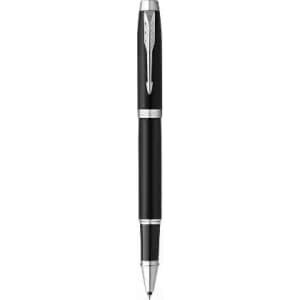 A pen with a black barrel and silver accents, featuring a clip design. It has a sleek, elegant appearance.