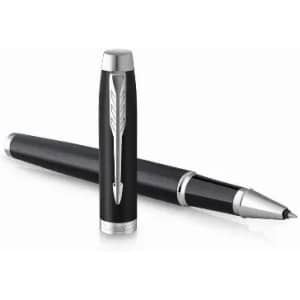 A black and silver pen with a sleek design, featuring a removable cap and a logo on the side.