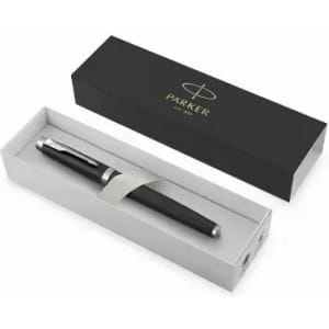 A black pen displayed in a grey box with a black outer sleeve, featuring a logo on the box.