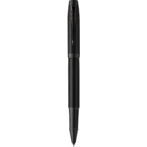 A black pen features a sleek design and a clip. It has a smooth finish and is unbranded.