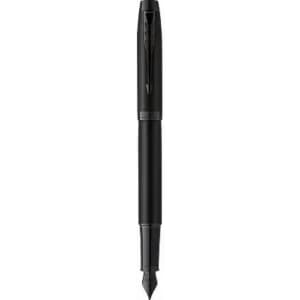 A fountain pen in sleek black with a detailed nib, featuring a clip on the cap and a streamlined design.