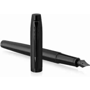 A black fountain pen with a removable cap and a visible nib, displayed alongside its cap.
