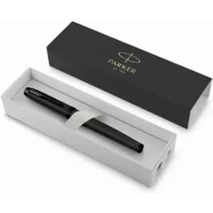 A pen in a gift box, featuring a sleek black design and a white ribbon holding it in place. The box has a logo.