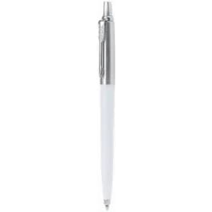 A white pen with a silver clip and tip. The pen features a smooth design and has a logo.