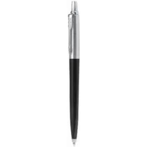 A black and silver pen with a sleek design, featuring a clip and a branded logo.