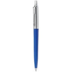 A blue pen with a silver clip and a smooth barrel, featuring a logo on the clip.