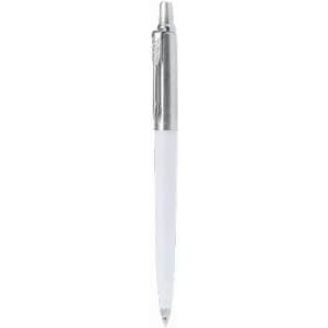 A white pen with a silver clip and tip, featuring a simple design and a logo on the barrel.