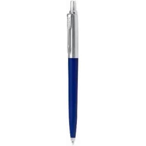 A blue pen with a silver clip and tip, featuring a sleek design and a branded logo.
