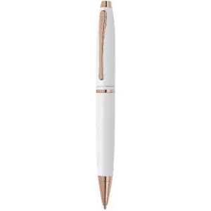 A pen with a white body and rose gold accents, featuring a sleek design and a clip on top.