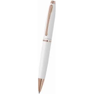 A pen in white with rose gold accents, featuring a sleek design and a logo on the body.