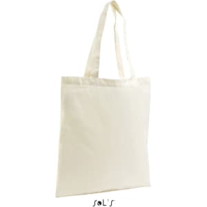 A plain cream organic shopping bag with two sturdy handles. The bag features a logo but no text.