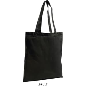 A black organic shopping bag with two shoulder straps and a logo.